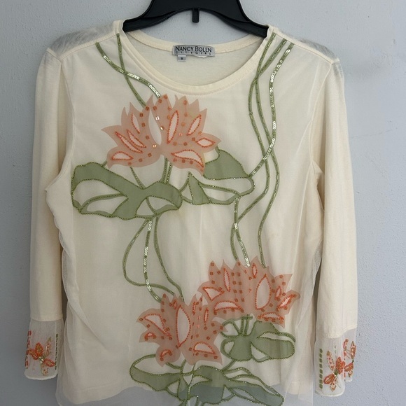 nancy bolen Tops - y2k vintage Elegant Cream 3/4 Sleeve Embellished Blouse